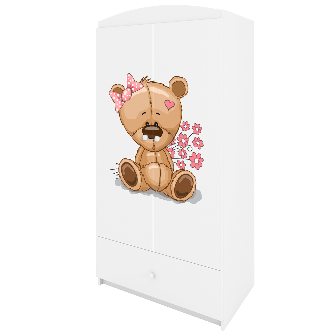 Babydreams garderobeskab til børn med bamse med blomster m. 2 låger 1 skuffe hvid laminat