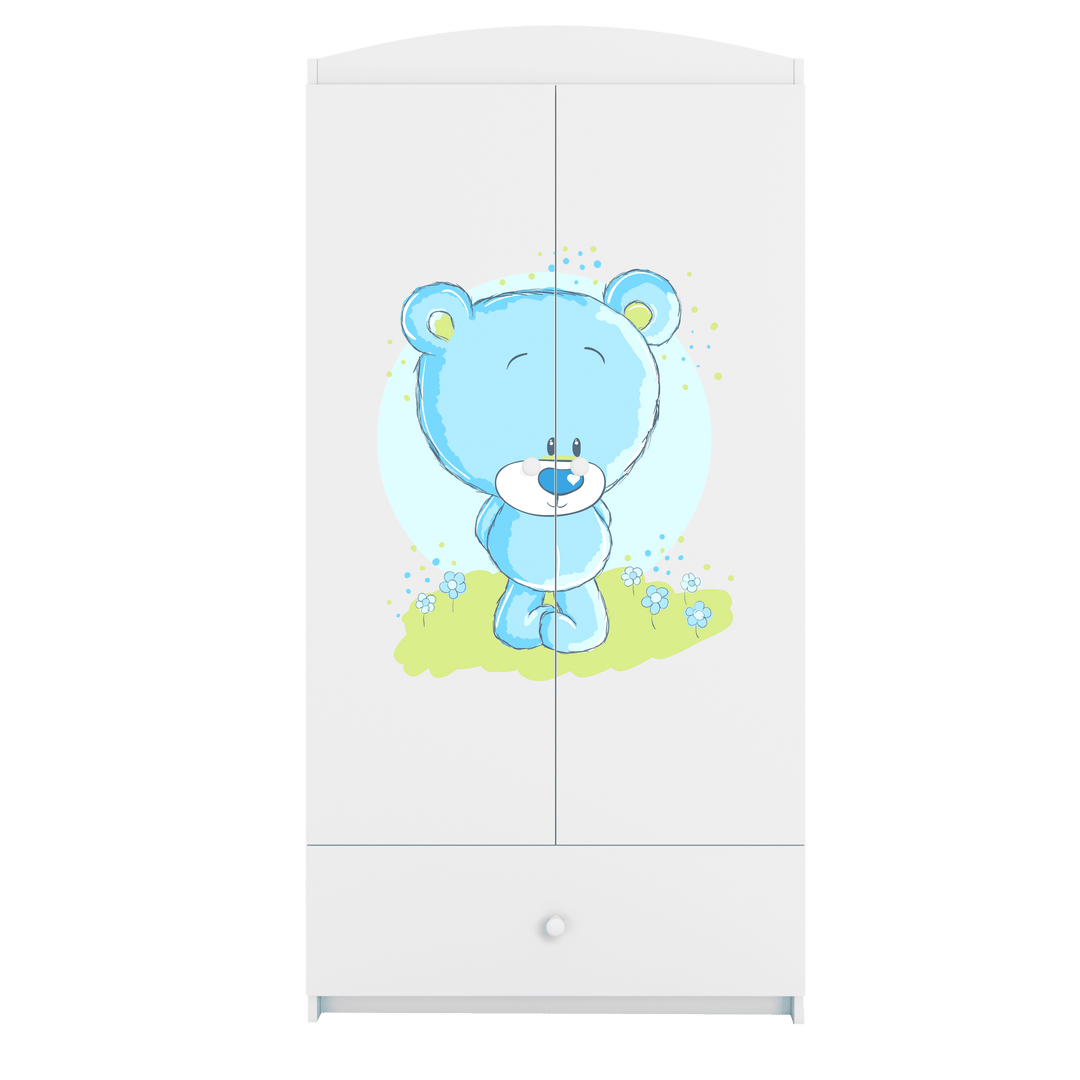 Babydreams garderobeskab til børn med blå bamse m. 2 låger 1 skuffe hvid laminat