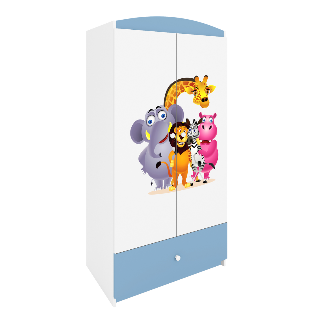 Babydreams garderobeskab til børn med Zoo dyr m. 2 låger 1 skuffe hvid og blå laminat