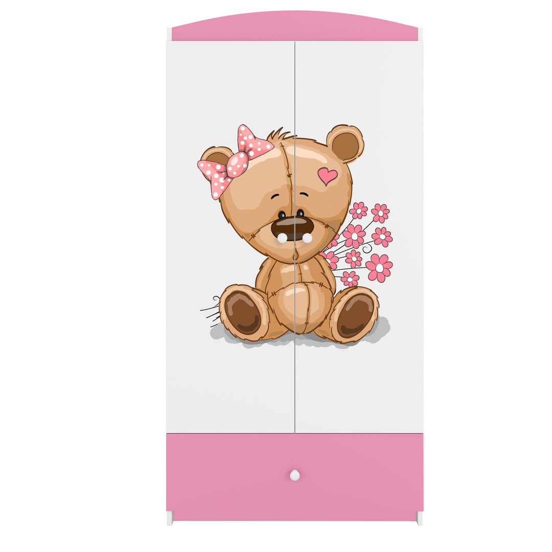 Babydreams garderobeskab til børn m. bamse m. blomster m. 2 låger 1 skuffe hvid/lyserød laminat