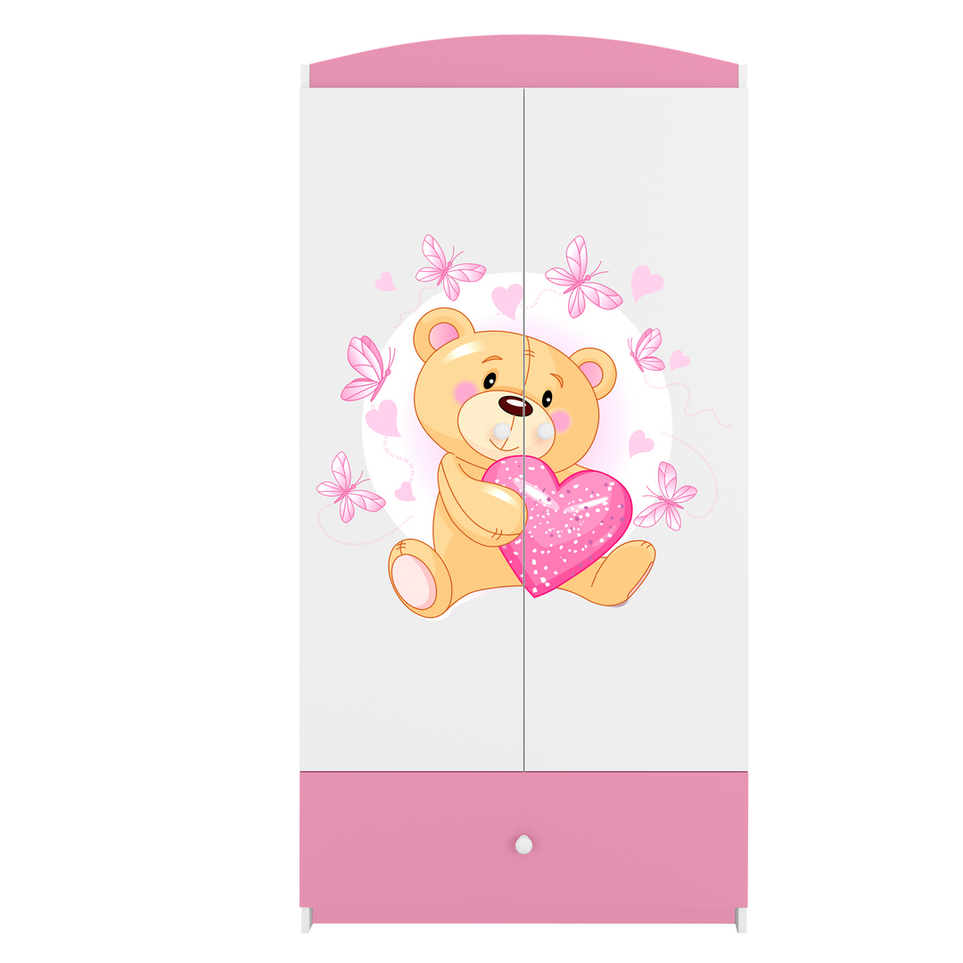 Babydreams garderobeskab til børn m bamse m sommerfugle m. 2 låger 1 skuffe hvid/lyserød laminat