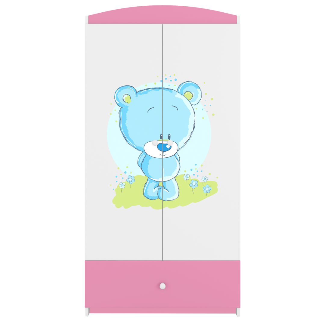 Babydreams garderobeskab til børn med blå bamse m. 2 låger 1 skuffe hvid og lyserød laminat