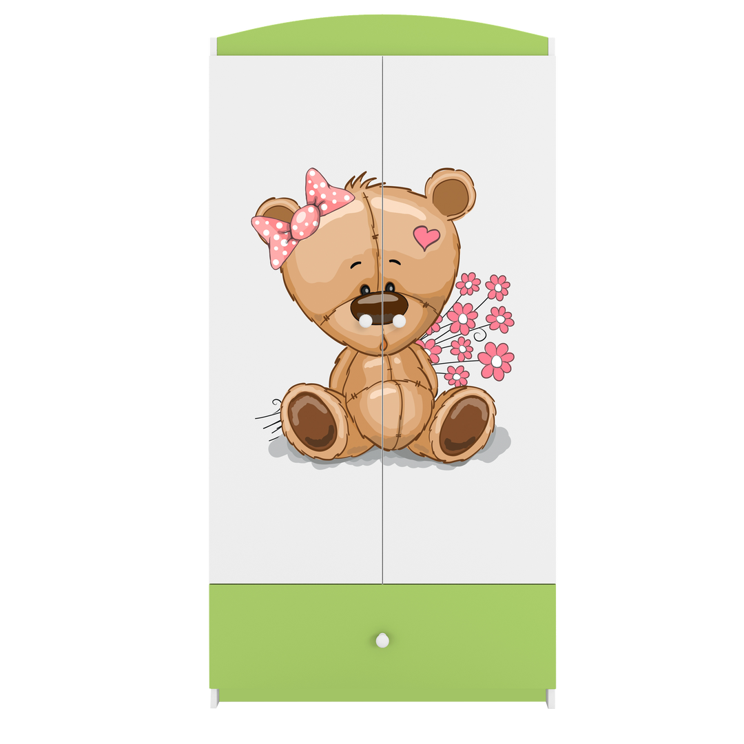 Babydreams garderobeskab til børn med bamse med blomster m. 2 låger 1 skuffe hvid/grøn laminat