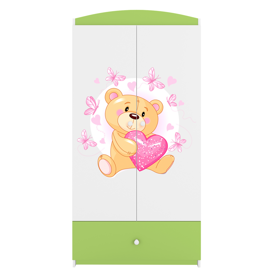 Babydreams garderobeskab til børn m. bamse m. sommerfugle m. 2 låger 1 skuffe hvid/grøn laminat