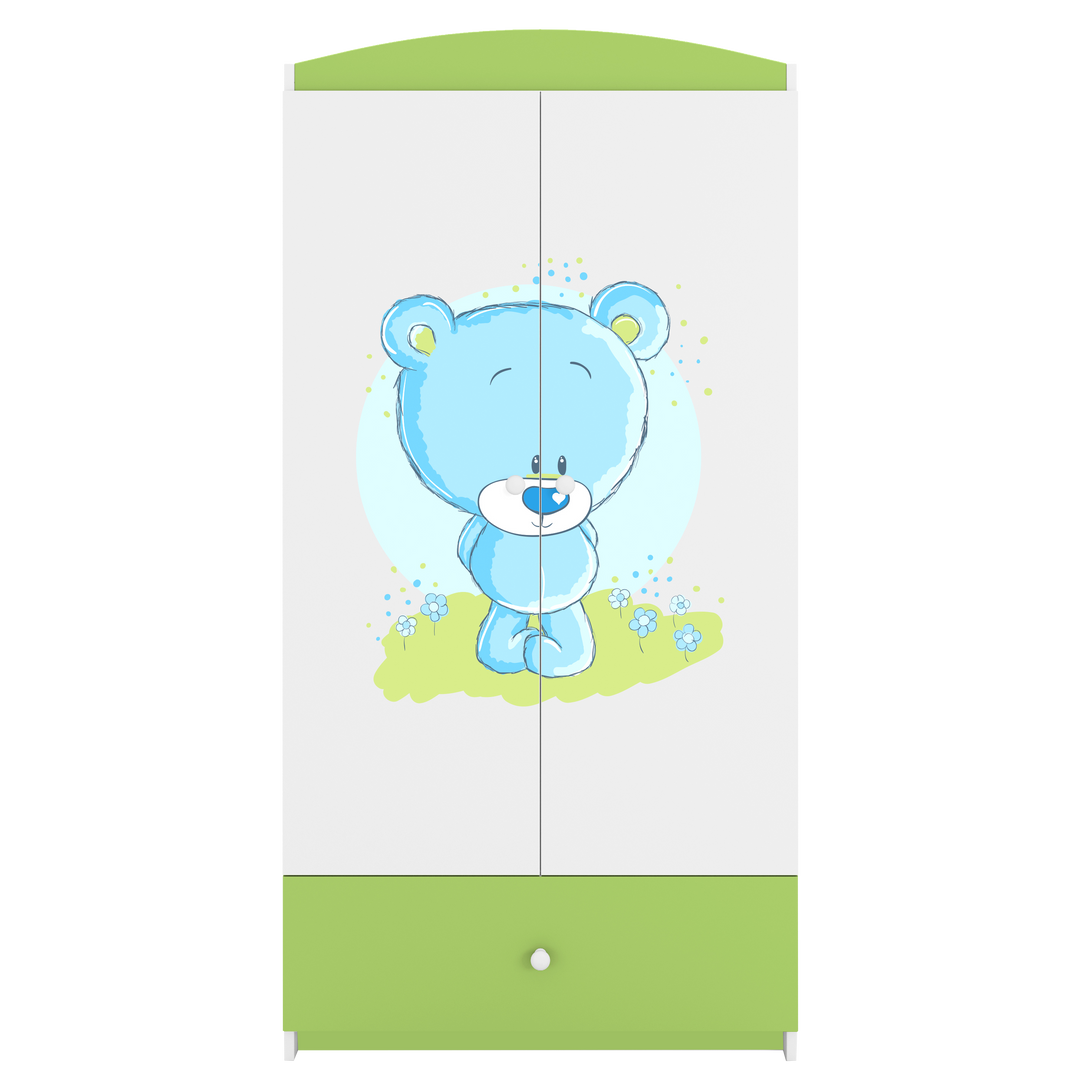 Babydreams garderobeskab til børn med blå bamse m. 2 låger 1 skuffe hvid og grøn laminat