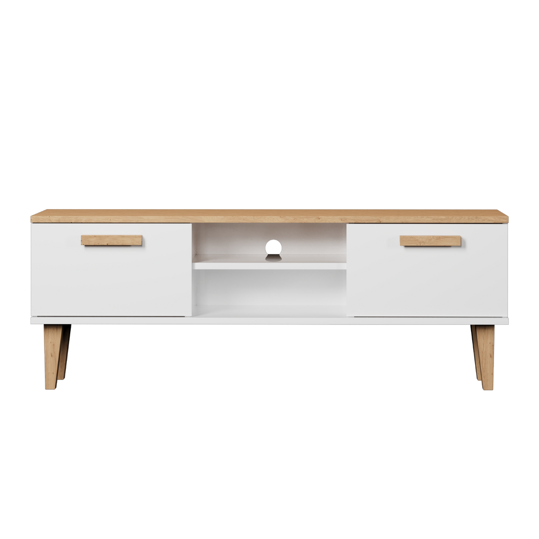 KOCOT Denver TV-bord m. 2 låger og 1 hylde hvid og natur hickory spånplader 120x47,2