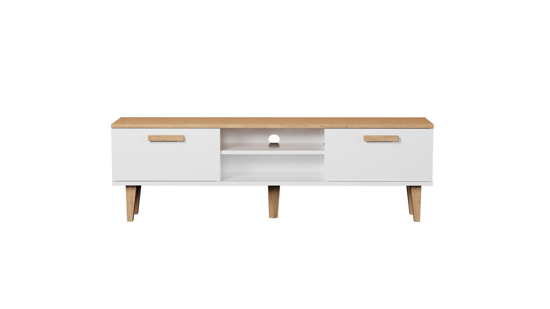 KOCOT Denver TV-bord m. 2 låger og 1 hylde hvid og natur hickory spånplader 160x47,2