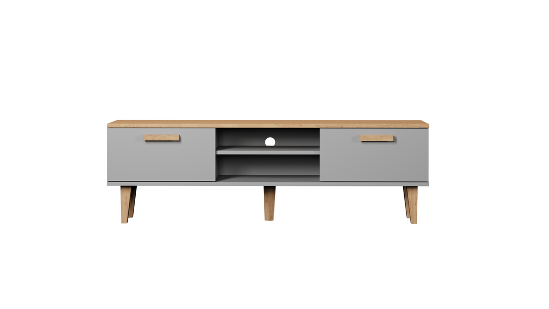 KOCOT Denver TV-bord m. 2 låger og 1 hylde chinchilla grå og natur hickory spånplader 160x47,2