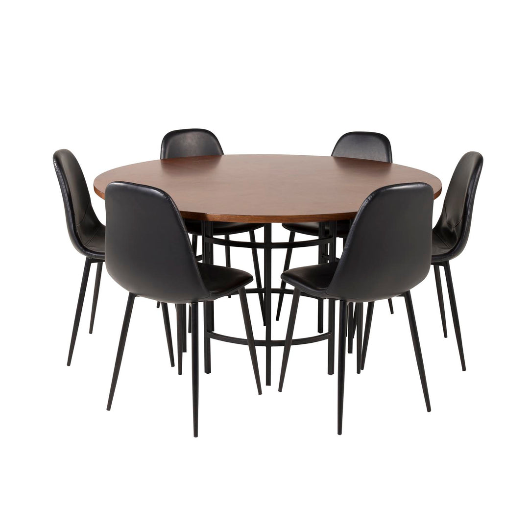 VENTURE DESIGN Copenhagen spisebordssæt m. 6 stole brun finer/sort metal og sort PU/sort metal