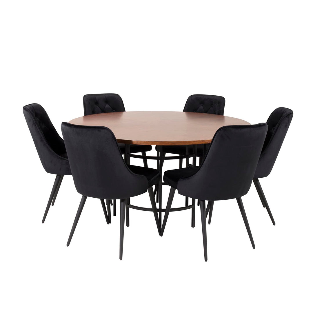 VENTURE DESIGN Copenhagen spisebordssæt m. 6 stole brun finer/sort metal og sort fløjl/sort metal