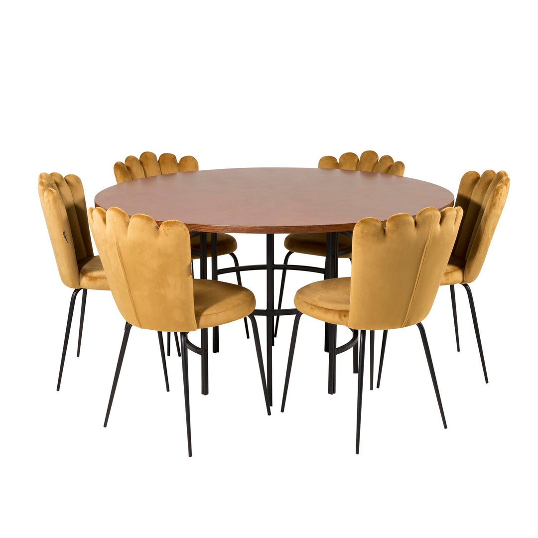 VENTURE DESIGN Copenhagen spisebordssæt m. 4 stole brun finer/sort metal og gul fløjl/sort metal
