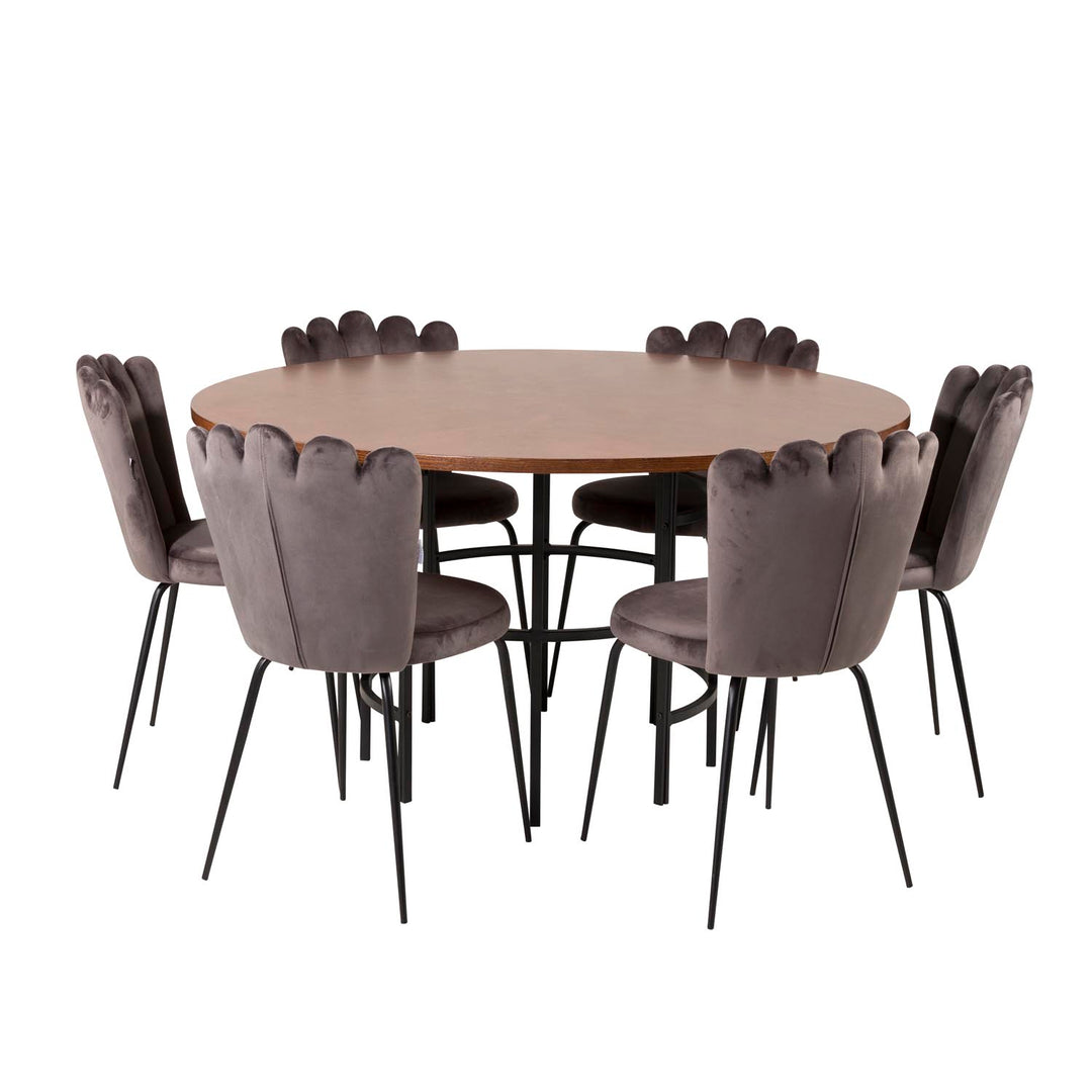 VENTURE DESIGN Copenhagen spisebordssæt m. 4 stole brun finer/sort metal og grå fløjl/sort metal