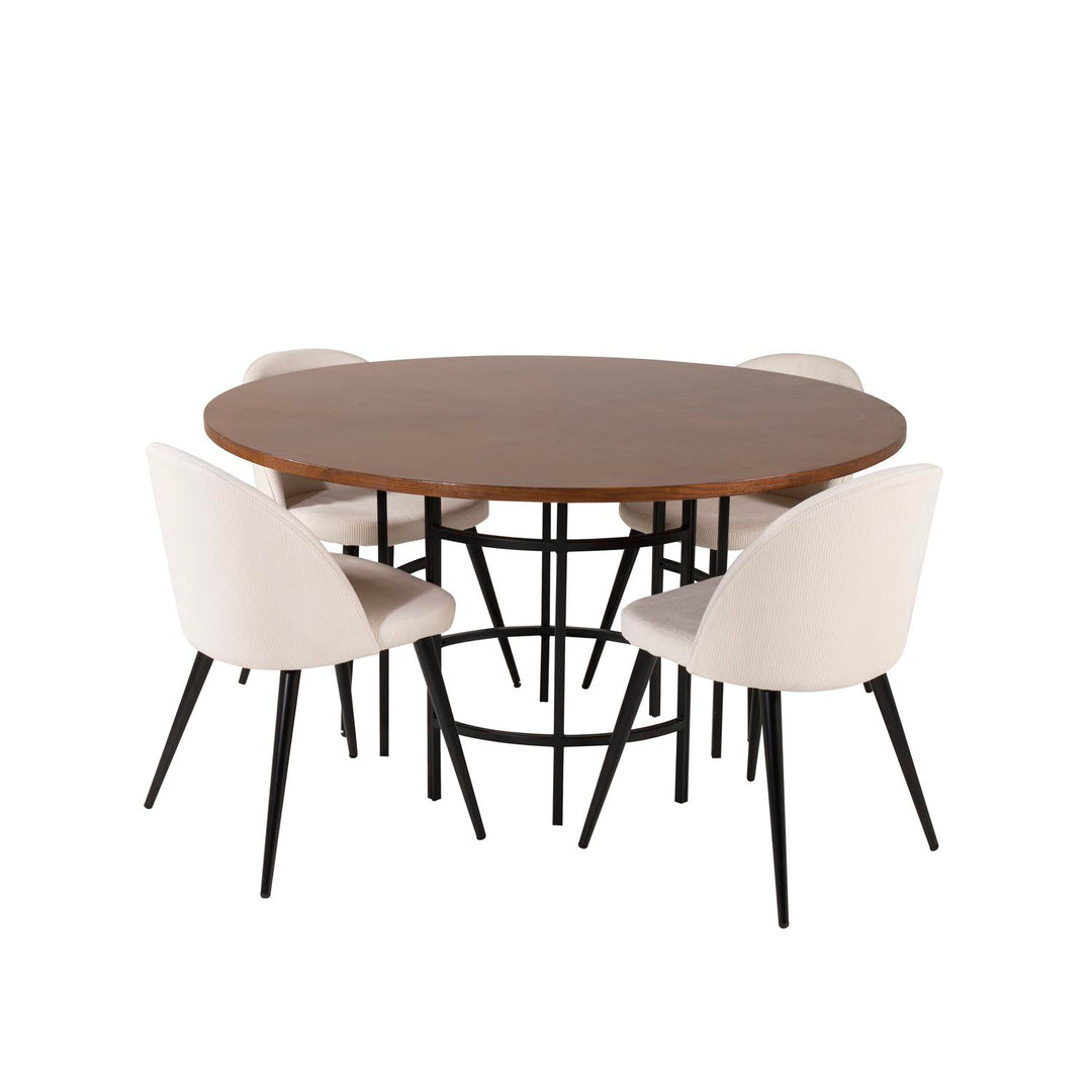 VENTURE DESIGN Copenhagen spisebordssæt m. 4 stole brun finer/sort metal beige fløjl/sort metal