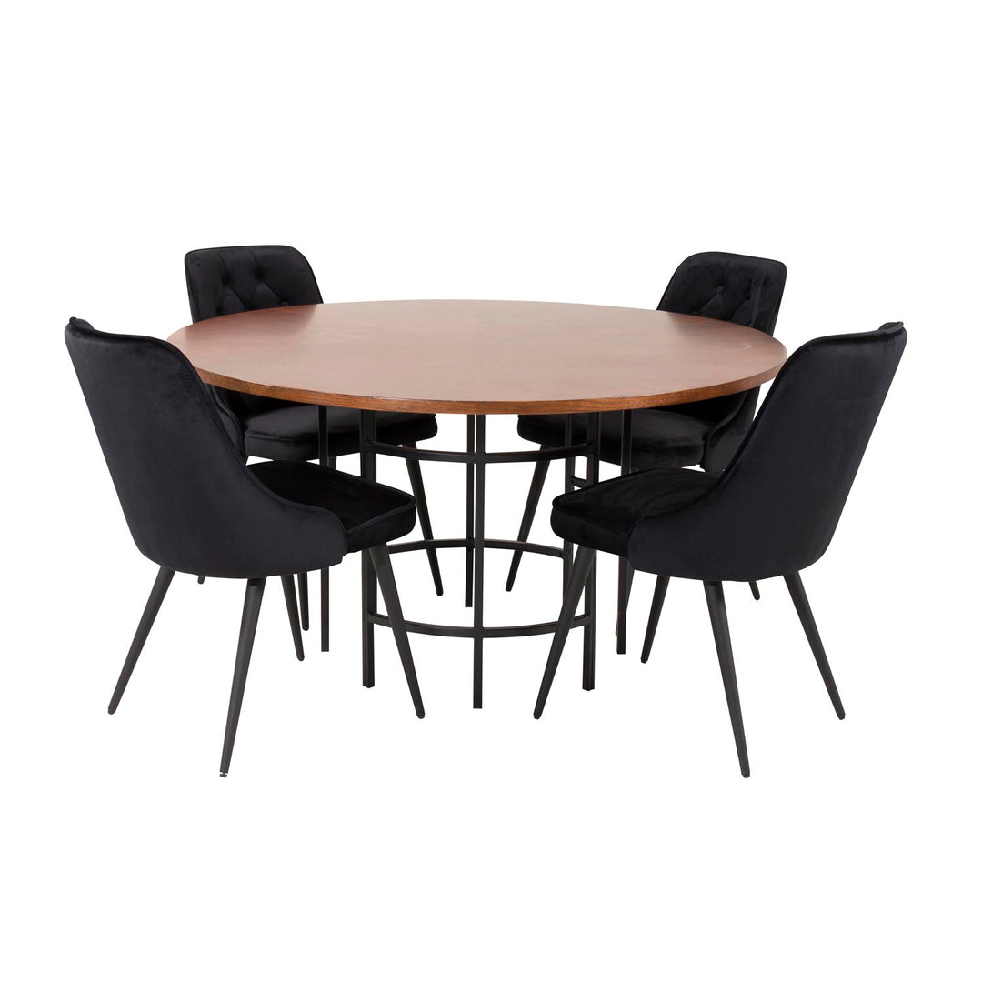 VENTURE DESIGN Copenhagen spisebordssæt m. 4 stole brun finer/sort metal og sort fløjl/sort metal