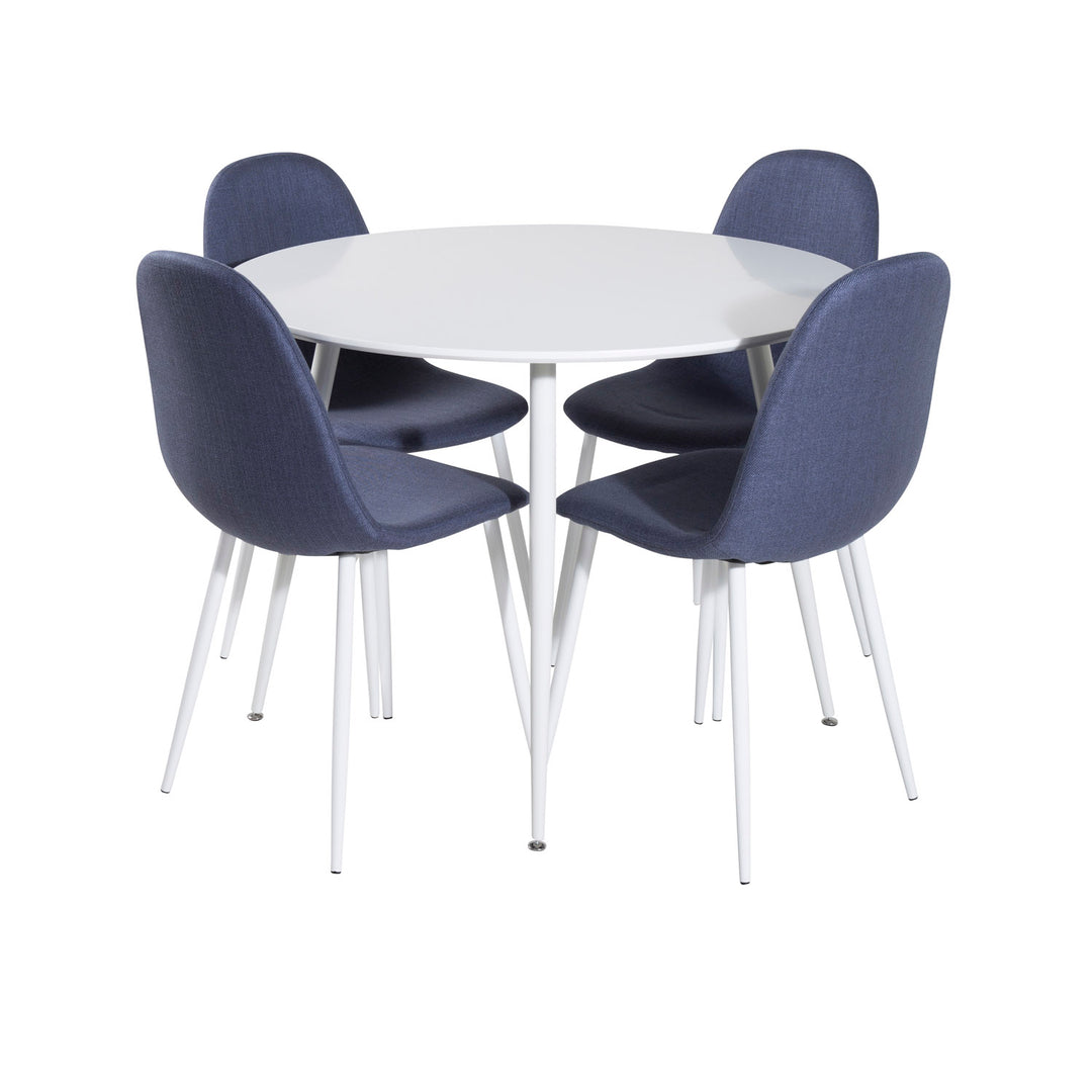 VENTURE DESIGN Plaza spisebordssæt m. 4 stole hvid MDF/hvid metal og blå stof/hvid metal