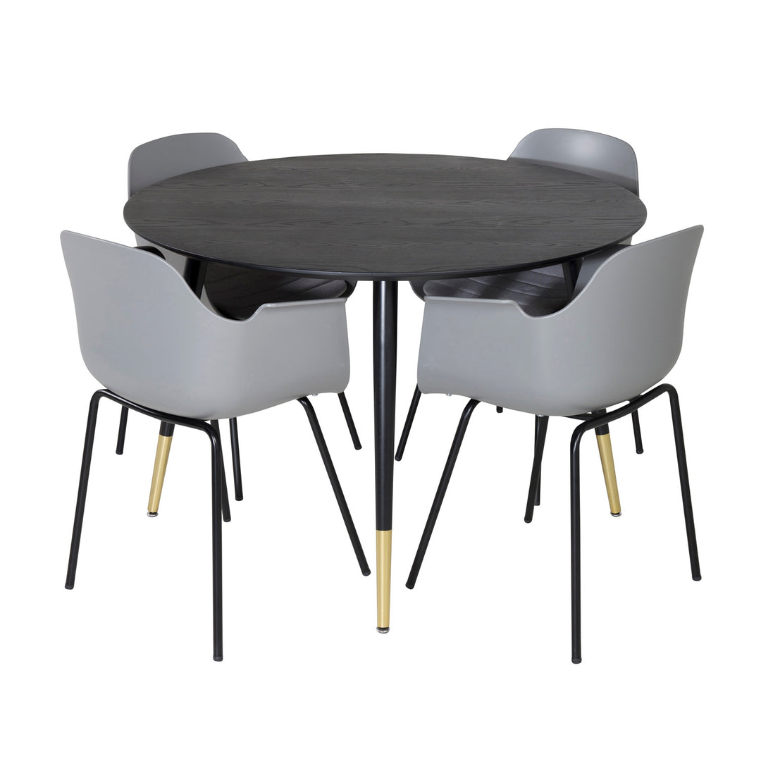 VENTURE DESIGN Dipp spisebordssæt m. 4 stole sort finer/messingsort metal grå plastik/sort metal