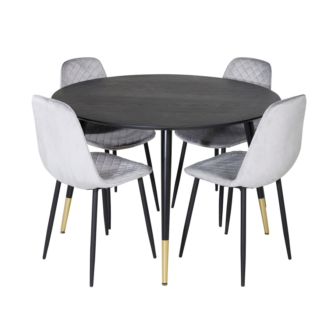 VENTURE DESIGN Dipp spisebordssæt m. 4 stole sort finer/messing sort metal grå fløjl/sort metal