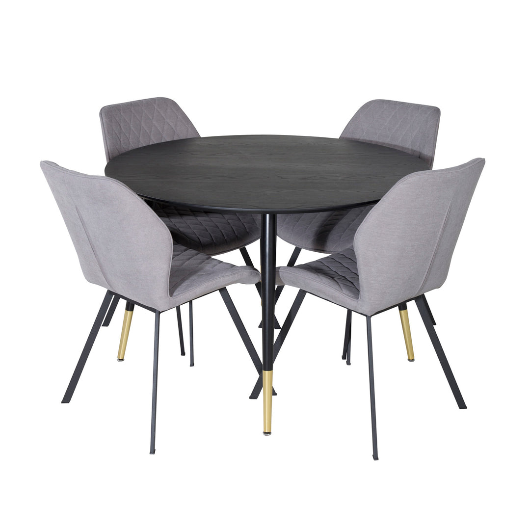 VENTURE DESIGN Dipp spisebordssæt m. 4 stole sort finer/messing sort metal grå stof/sort metal