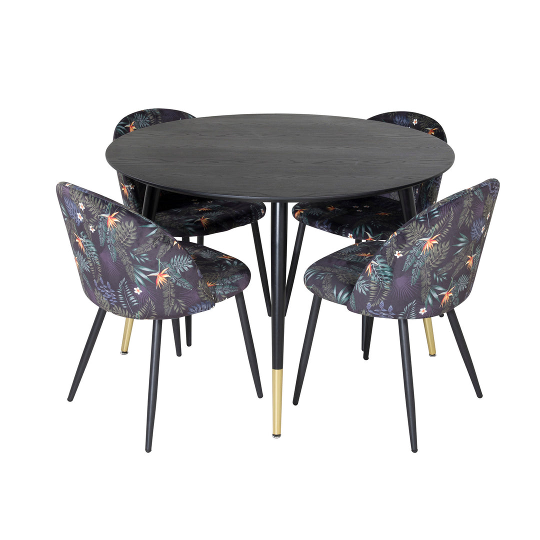 VENTURE DESIGN Dipp spisebordssæt m. 4 stole sort finer/messing/sort metal multi stof/sort metal