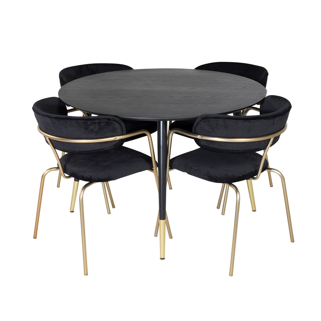 VENTURE DESIGN Dipp spisebordssæt m. 4 stole sort finer/messing sort metal/sort fløjl