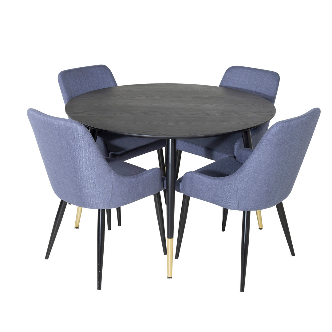 VENTURE DESIGN Dipp spisebordssæt m. 4 stole sort finer/messing sort metal blå stof/sort metal