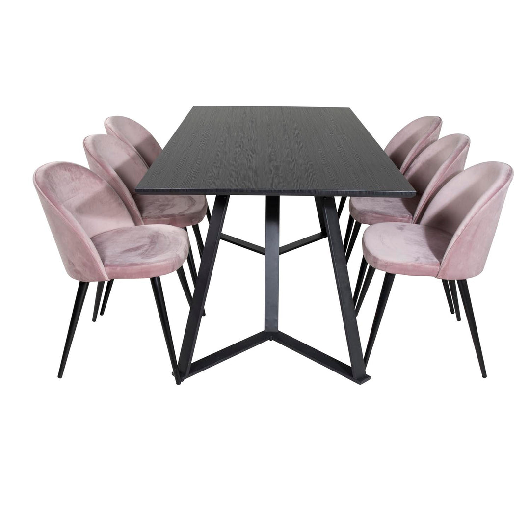 VENTURE DESIGN Marina spisebordssæt m. 6 stole sort finer/sort metal og rosa fløjl/sort metal