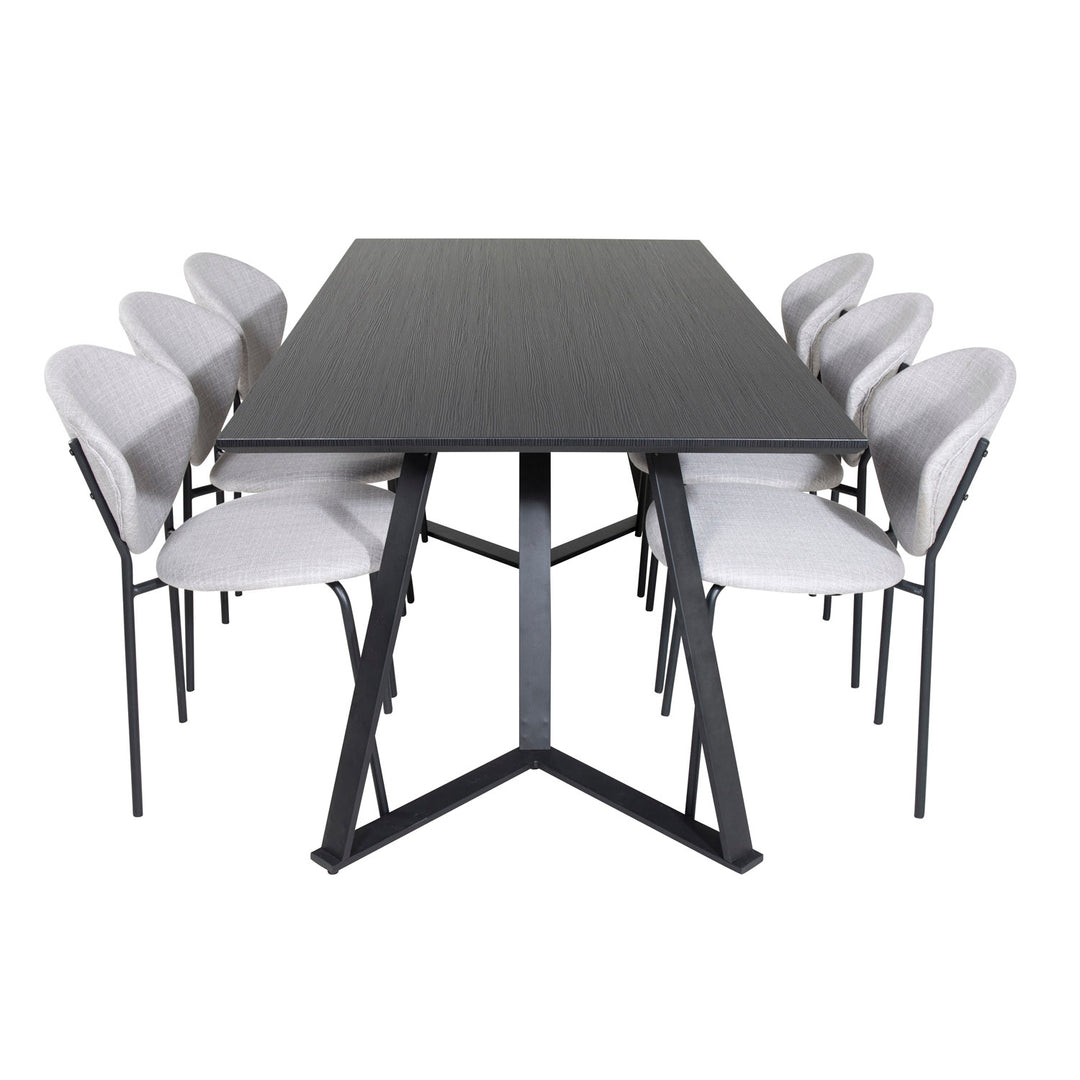VENTURE DESIGN Marina spisebordssæt m. 6 stole sort finer/sort metal og grå stof/sort metal