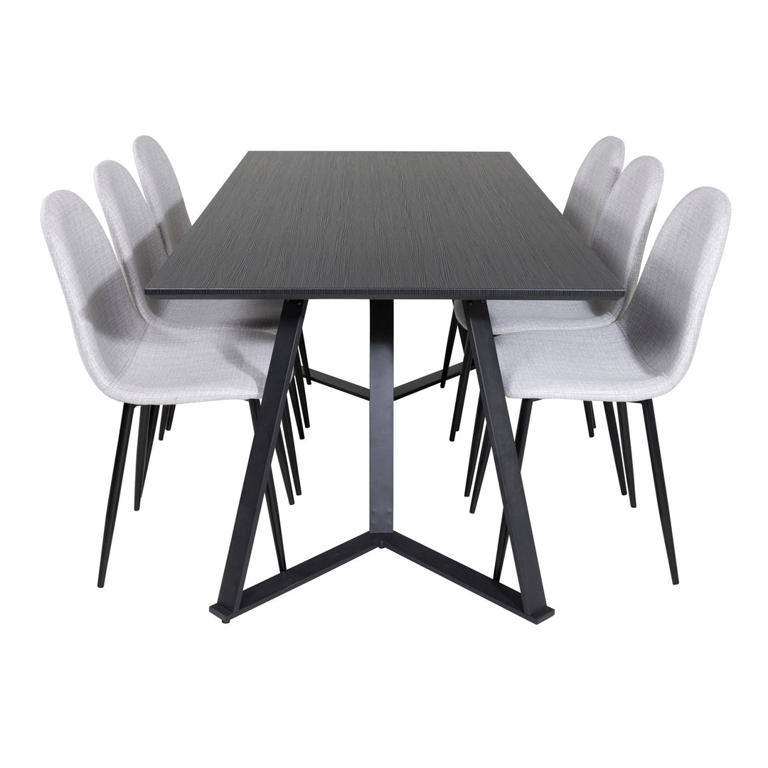 VENTURE DESIGN Marina spisebordssæt m. 6 stole sort finer/sort metal og lysegrå stof/sort metal