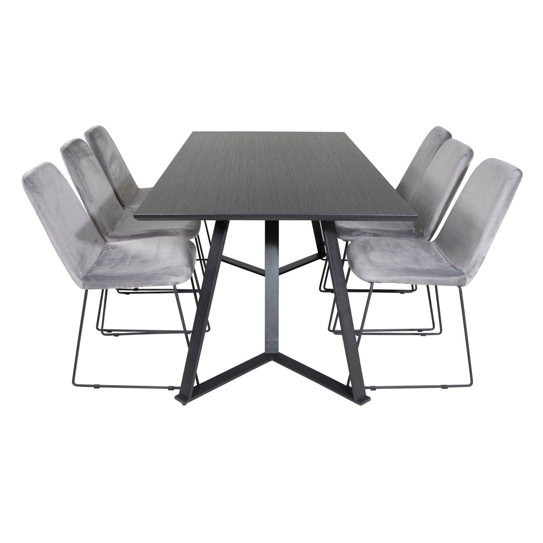 VENTURE DESIGN Marina spisebordssæt m. 6 stole sort finer/sort metal og grå fløjl/sort metal
