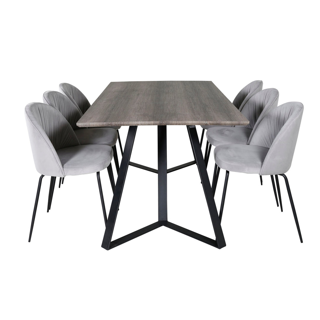 VENTURE DESIGN Marina spisebordssæt m. 6 stole grå finer/sort metal og grå fløjl/sort metal