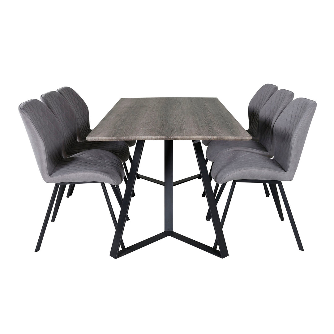 VENTURE DESIGN Marina spisebordssæt m. 6 stole grå finer/sort metal og grå stof/sort metal