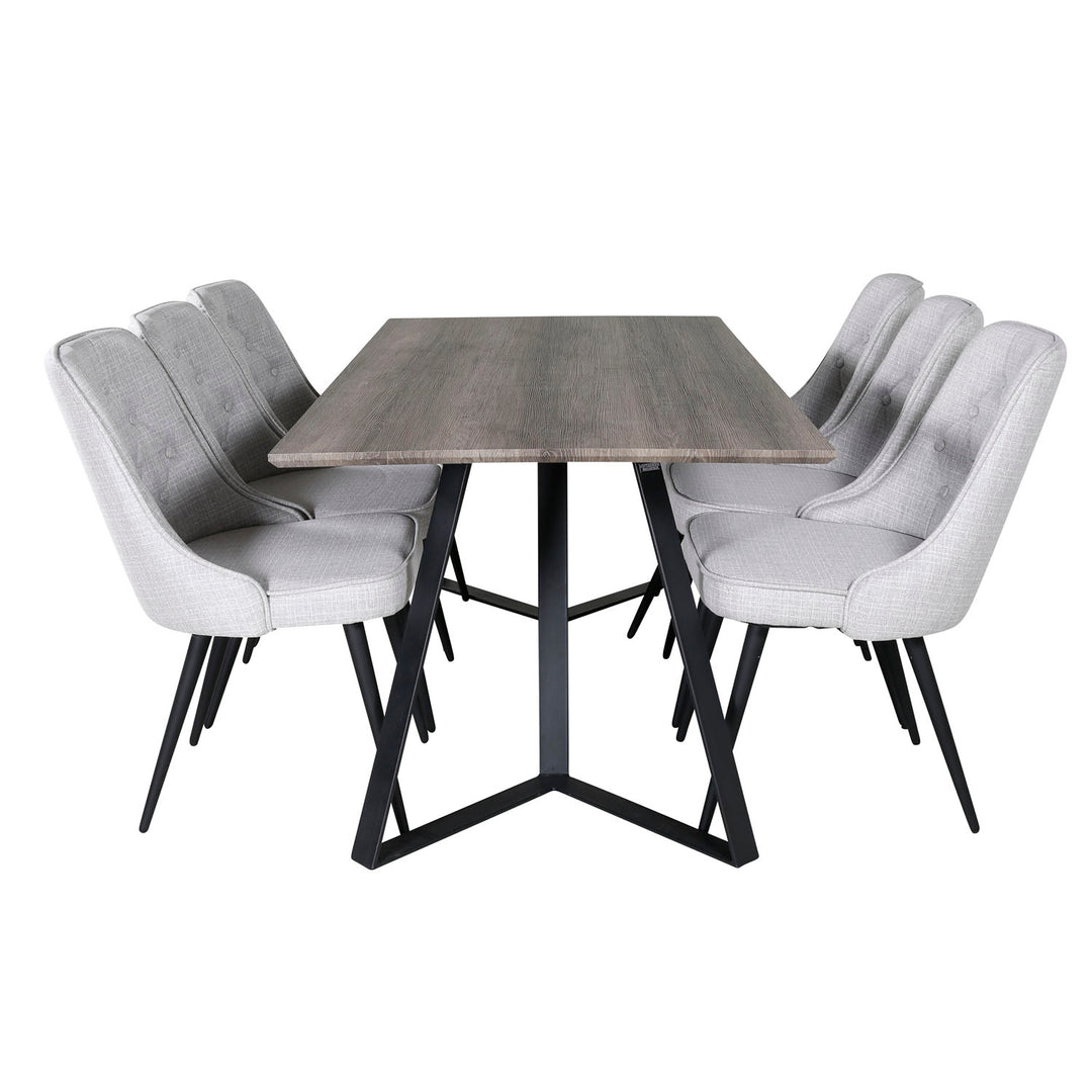 VENTURE DESIGN Marina spisebordssæt m. 6 stole grå finer/sort metal og lysegrå stof/sort metal