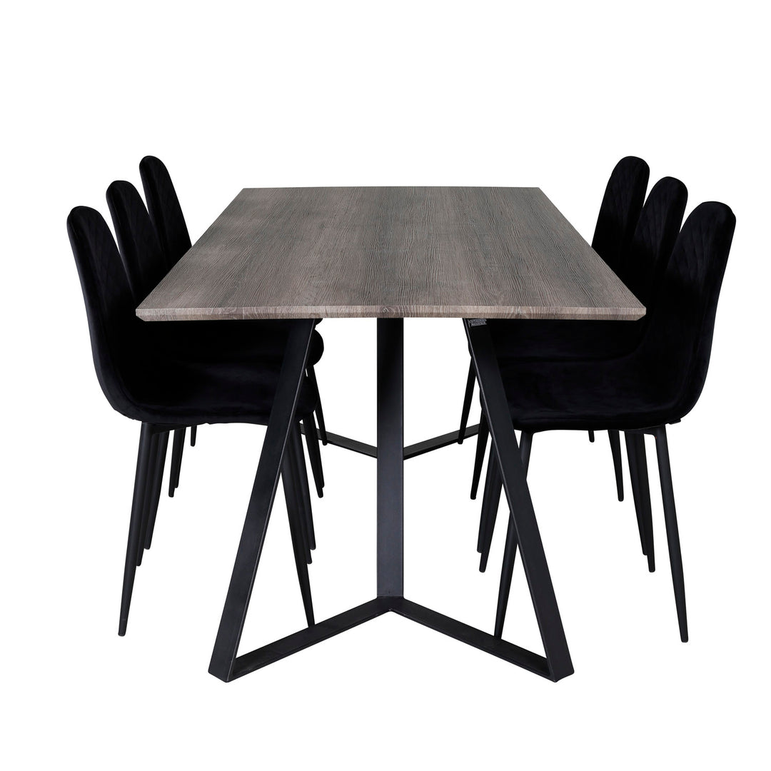 VENTURE DESIGN Marina spisebordssæt m. 6 stole grå finer/sort metal og sort fløjl/sort metal