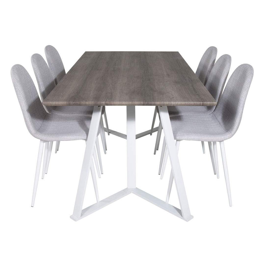 VENTURE DESIGN Marina spisebordssæt m. 6 stole grå finer/hvid metal og grå stof/hvid metal
