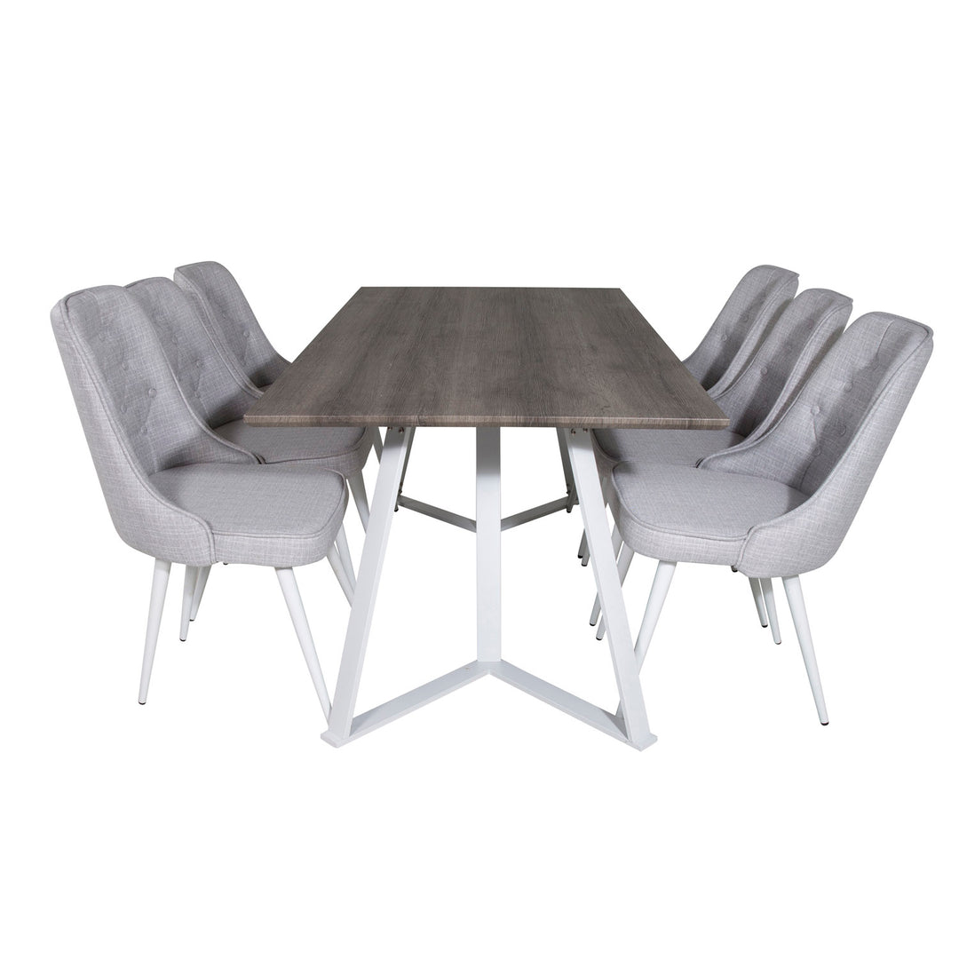 Produktbillede af VENTURE DESIGN Marina spisebordssæt m. 6 stole grå finer/hvid metal og lysegrå stof/hvid metal i premium kvalitet
