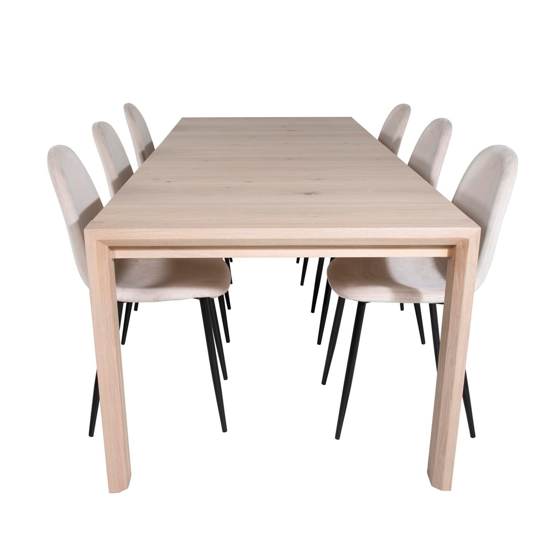 VENTURE DESIGN Slider spisebordssæt m. 6 stole hvidvasket egefiner/eg og beige stof/sort metal
