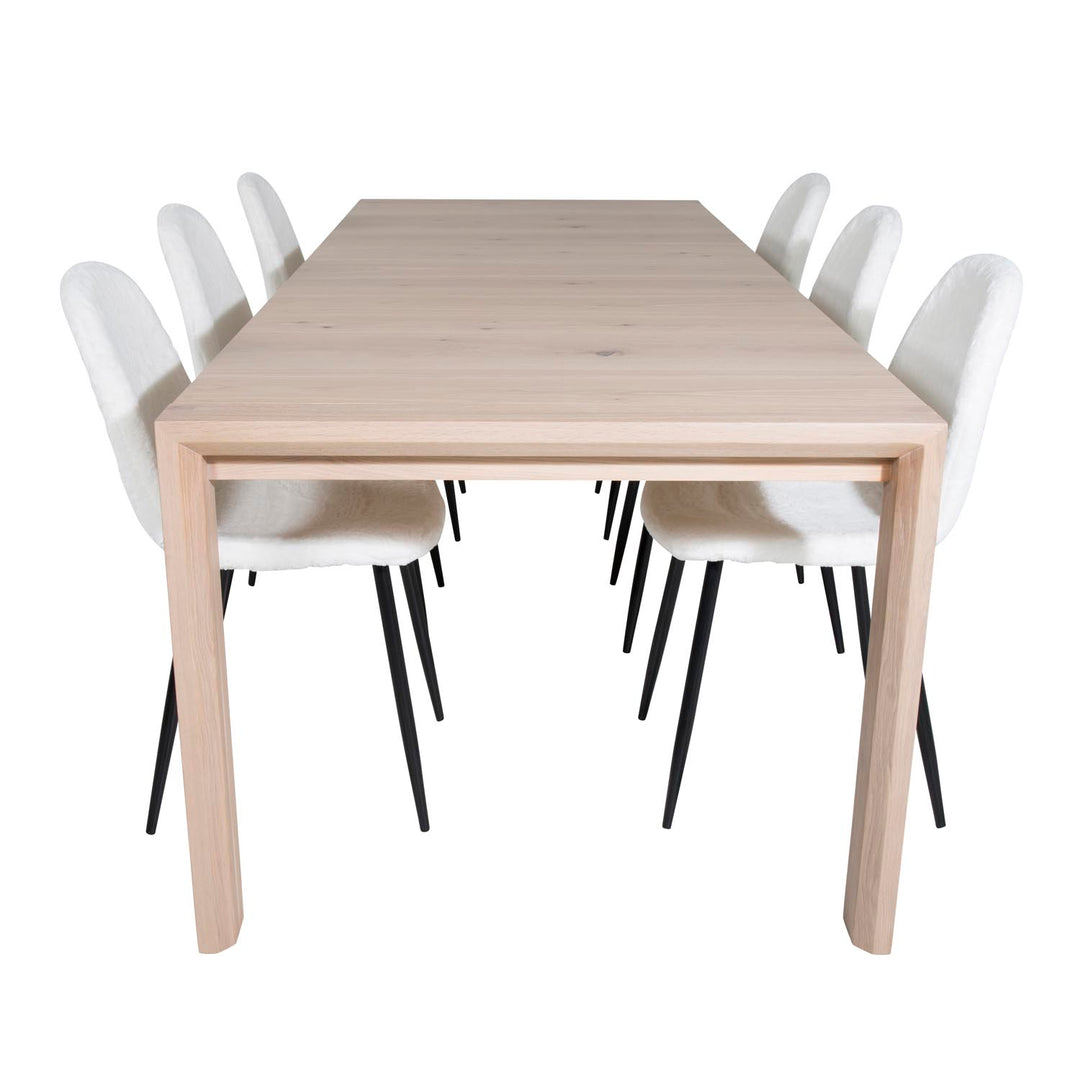 VENTURE DESIGN Slider spisebordssæt m. 6 stole hvidvasket egefiner/eg og hvid teddy/sort metal