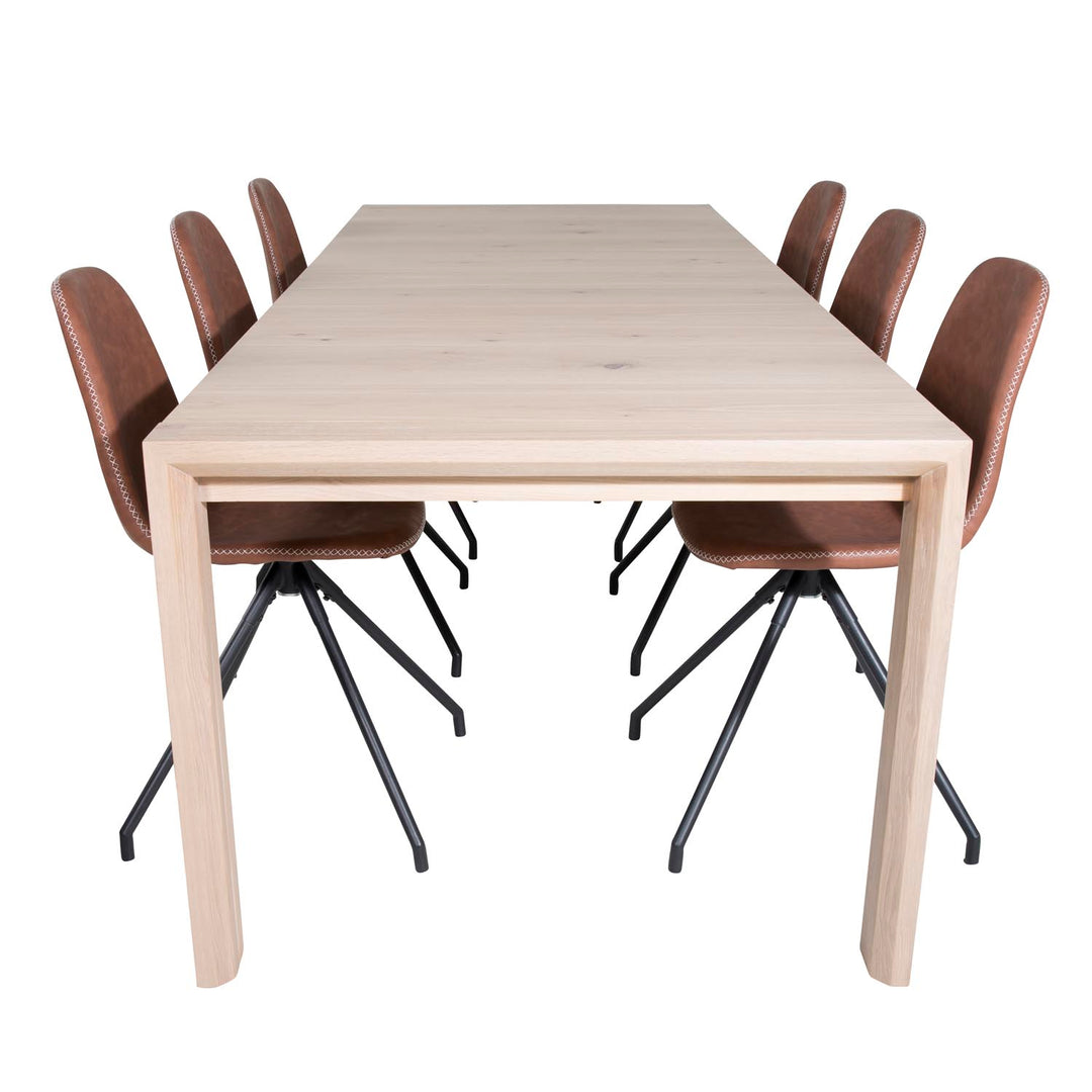 VENTURE DESIGN Slider spisebordssæt m. 6 stole hvidvasket egefiner/eg og brun PU/sort metal