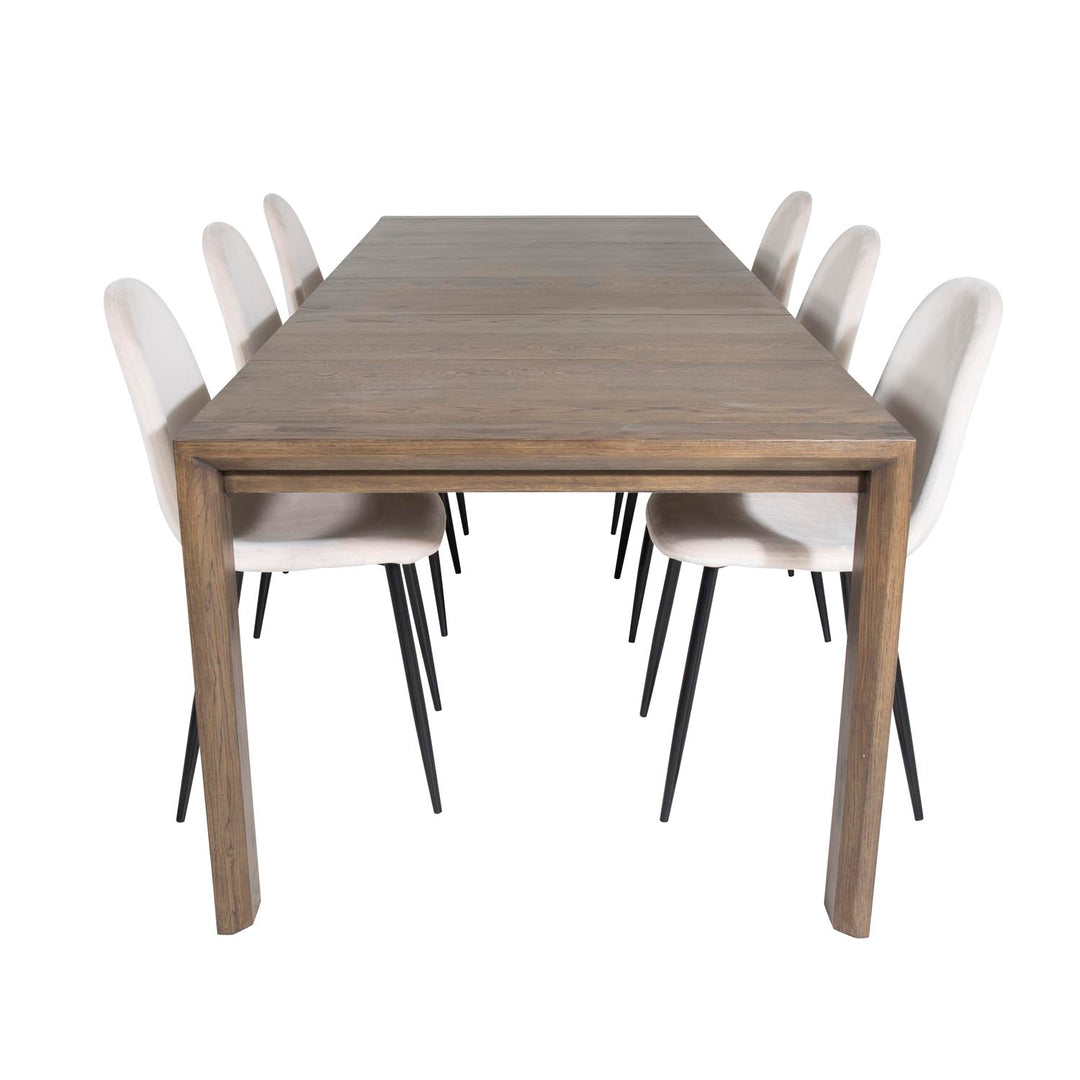 VENTURE DESIGN Slider spisebordssæt m. 6 stole smoked egefiner/eg og beige stof/sort metal