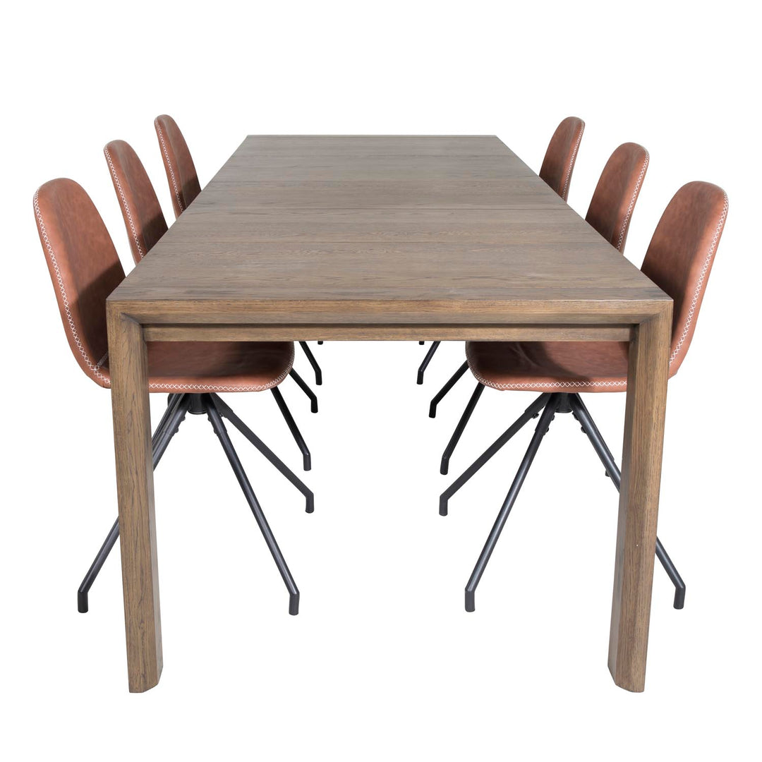 VENTURE DESIGN Slider spisebordssæt m. 6 stole smoked egefiner/eg og brun PU/sort metal