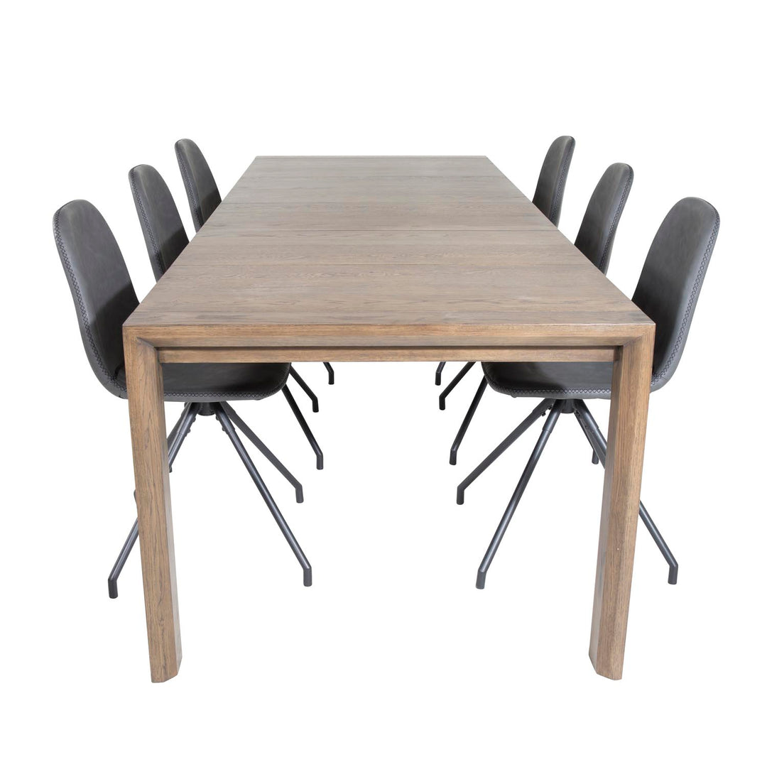 VENTURE DESIGN Slider spisebordssæt m. 6 stole smoked egefiner/eg og sort PU/sort metal