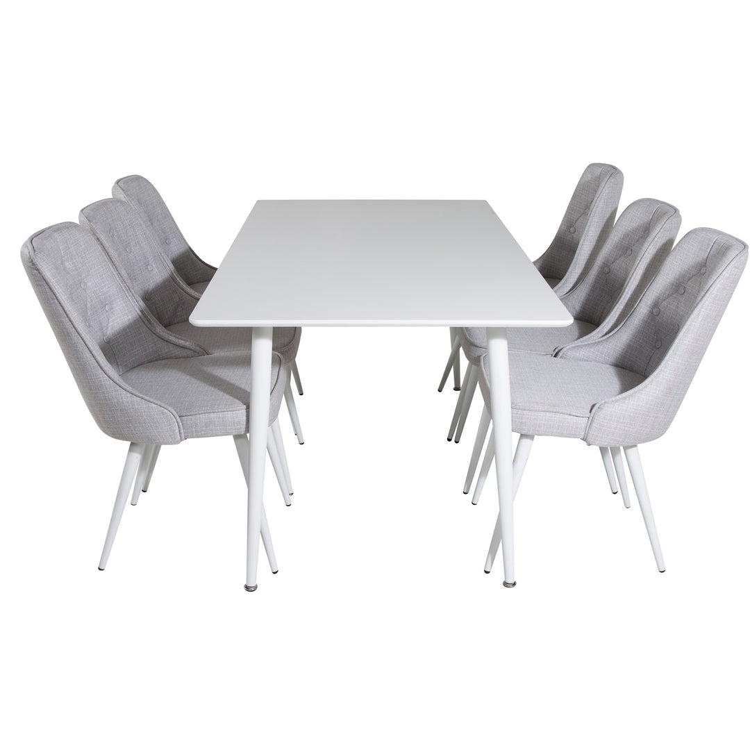VENTURE DESIGN Polar spisebordssæt m. 6 stole hvid MDF/hvid metal lysegrå stof/hvid metal