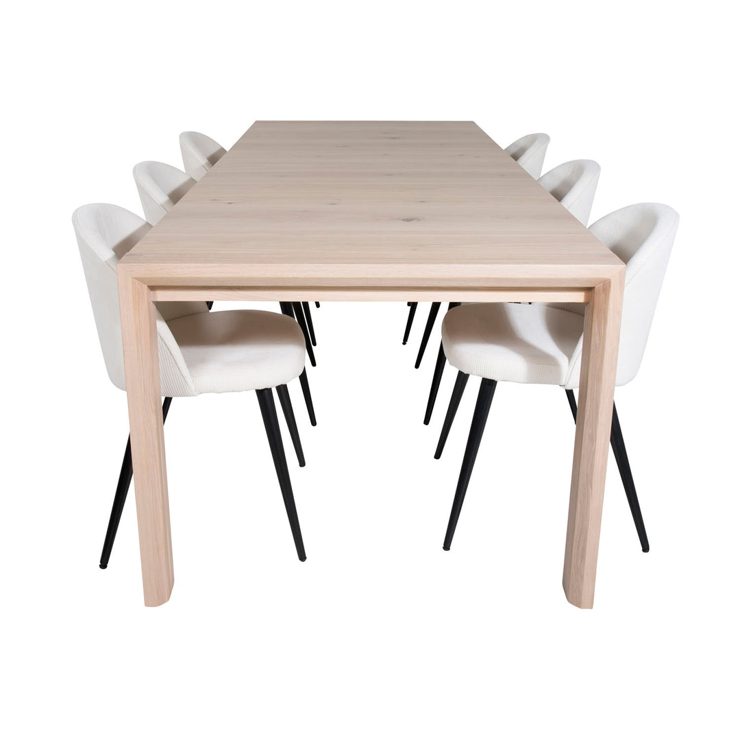 VENTURE DESIGN Slider spisebordssæt m. 6 stole hvidvasket egefiner/eg og beige fløjl/sort metal