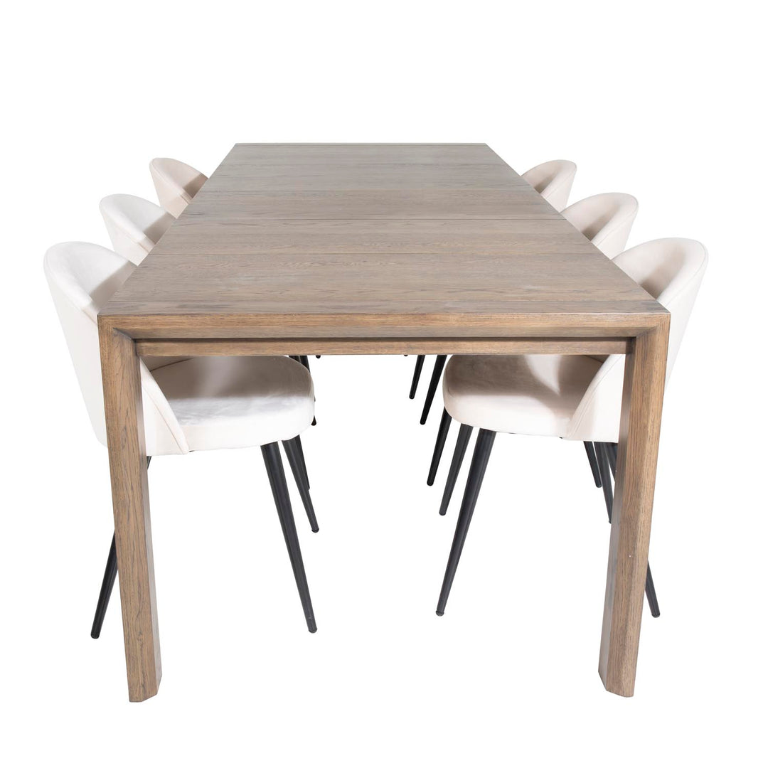 VENTURE DESIGN Slider spisebordssæt m. 6 stole smoked egefiner/eg og beige fløjl/sort metal