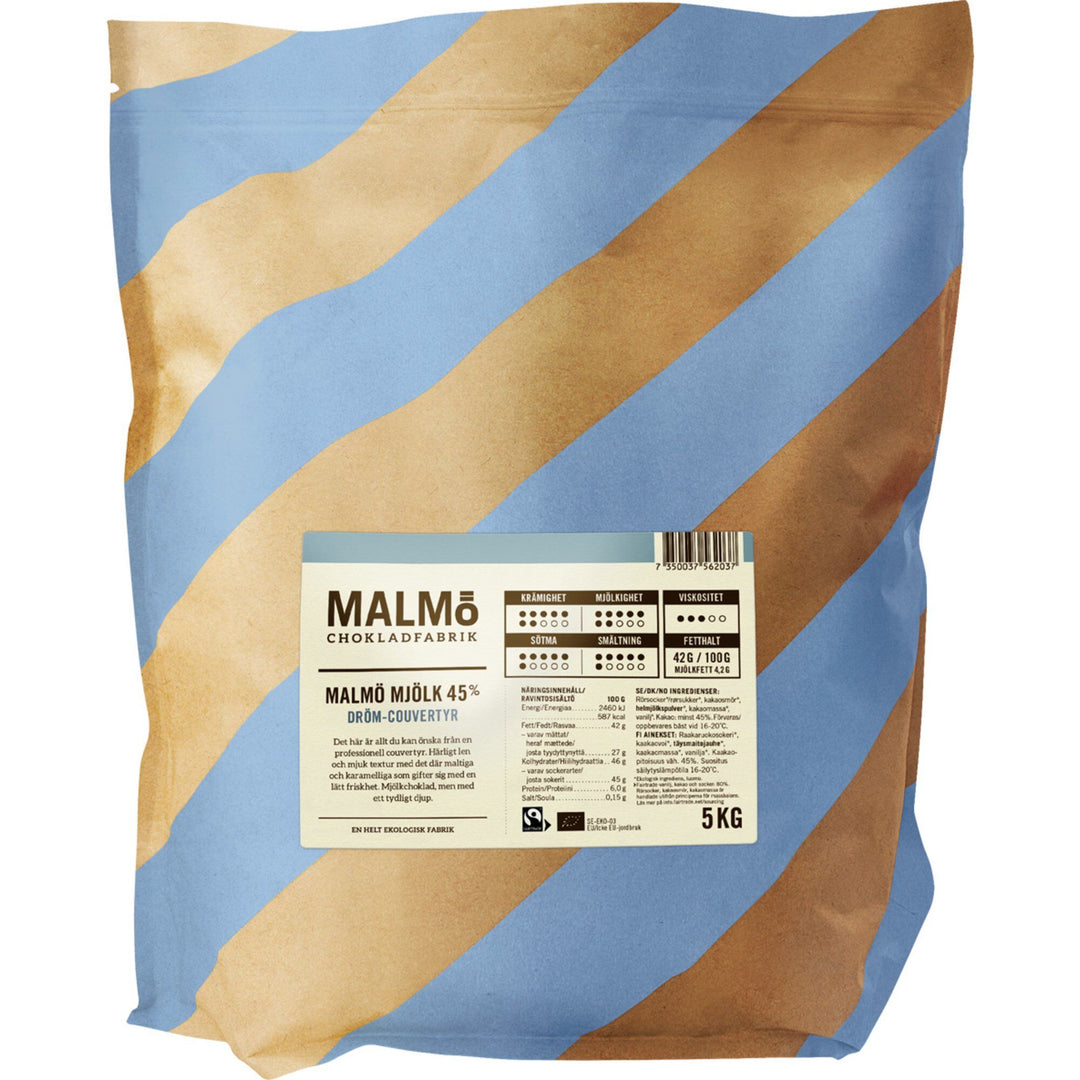 Malmö chokladfabrik Malmö chokladfabrik Malmö Mjölk 45% couverture – vinkelbillede (Chokolade)