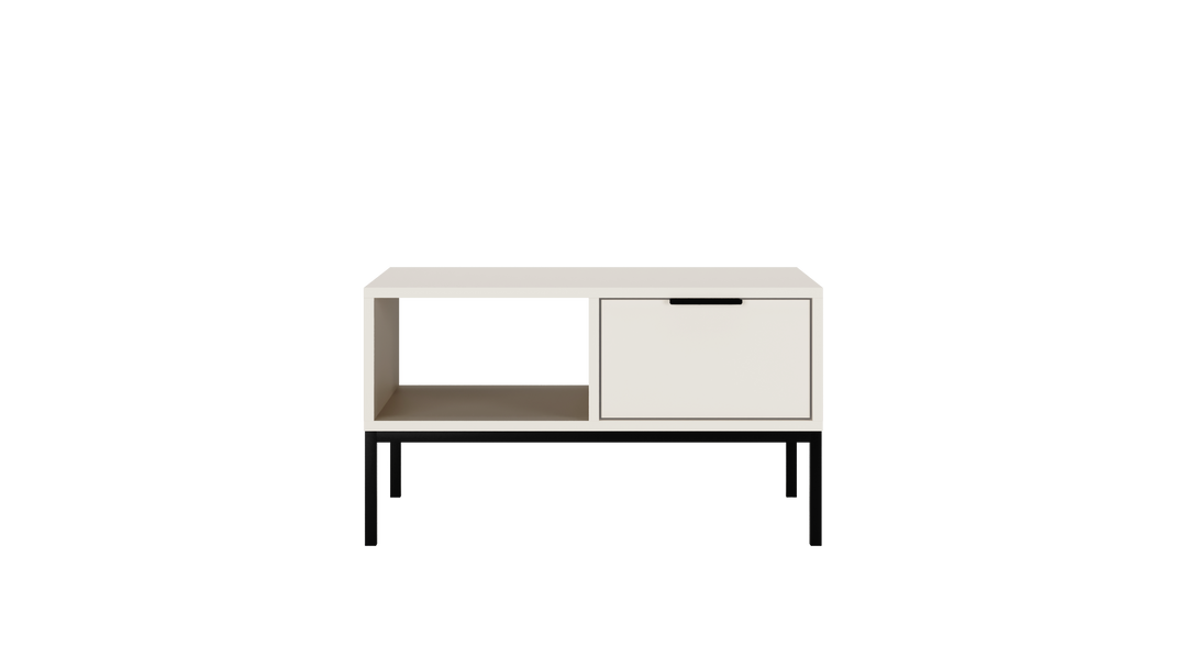 KOCOT Austin sofabord m. 1 åben hylde og 2 skuffer hvid lamineret spånplade og sort stål 80x60