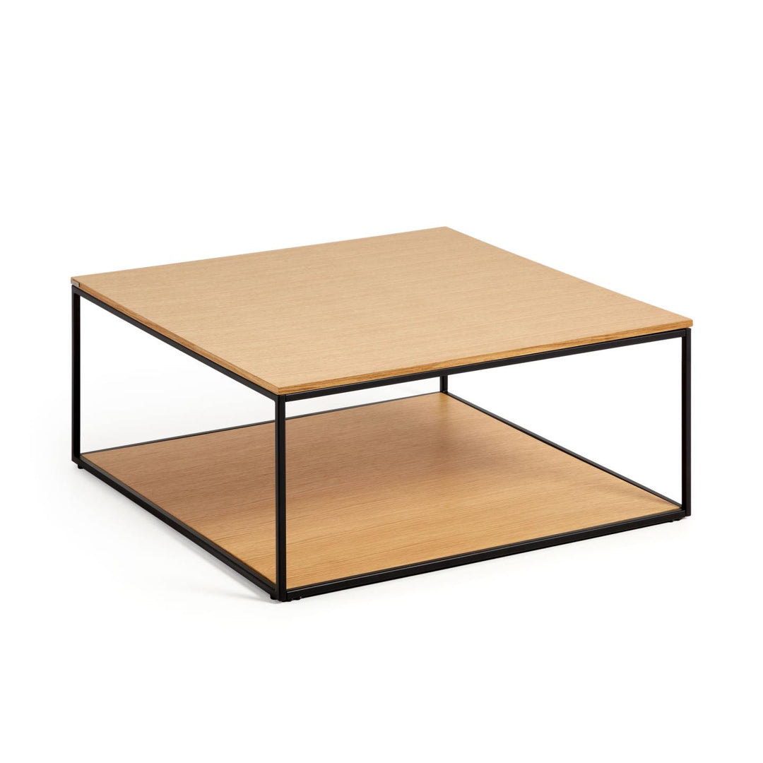KAVE HOME Yoana sofabord m. 1 bund hylde natur egetræsfinér og sort jern 80x80