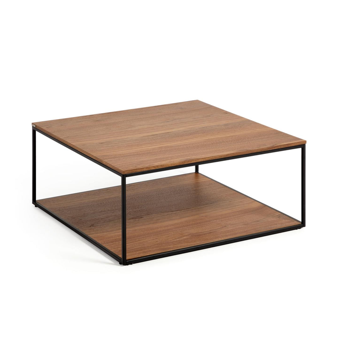 KAVE HOME Yoana sofabord m. 1 bund hylde brun valnøddefinér og sort jern 80x80