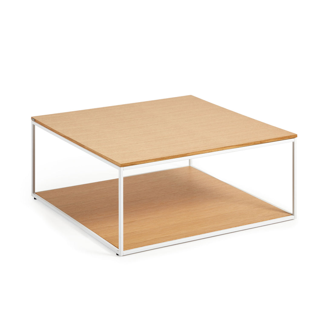 KAVE HOME Yoana sofabord m. 1 bund hylde natur egetræsfinér og hvid jern 80x80