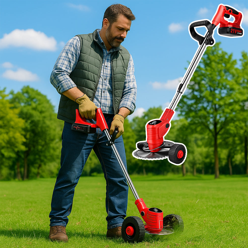 Produktbillede af Køb Græstrimmer & kantklipper m/hjul med teleskopskaft & batteri på tilbud